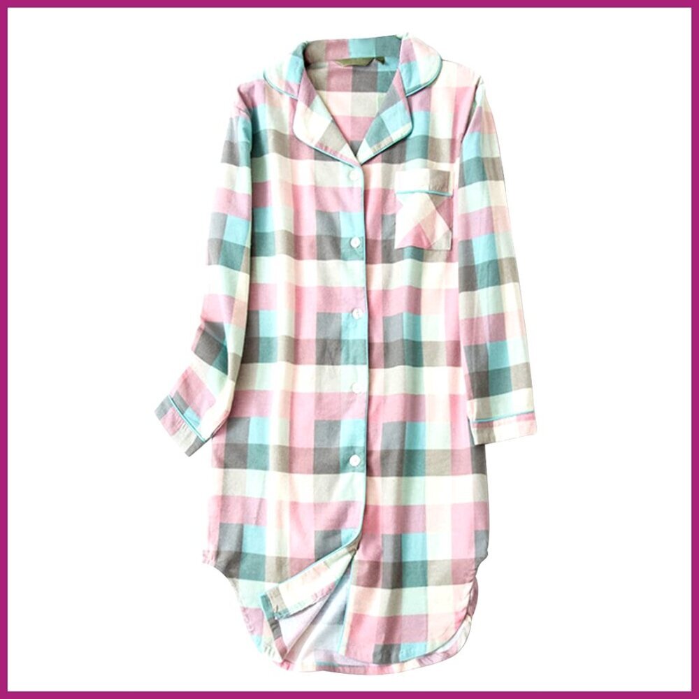 Flannel Cotton Nightgown Button Down Long Sleeve Sleep Shirt Dress